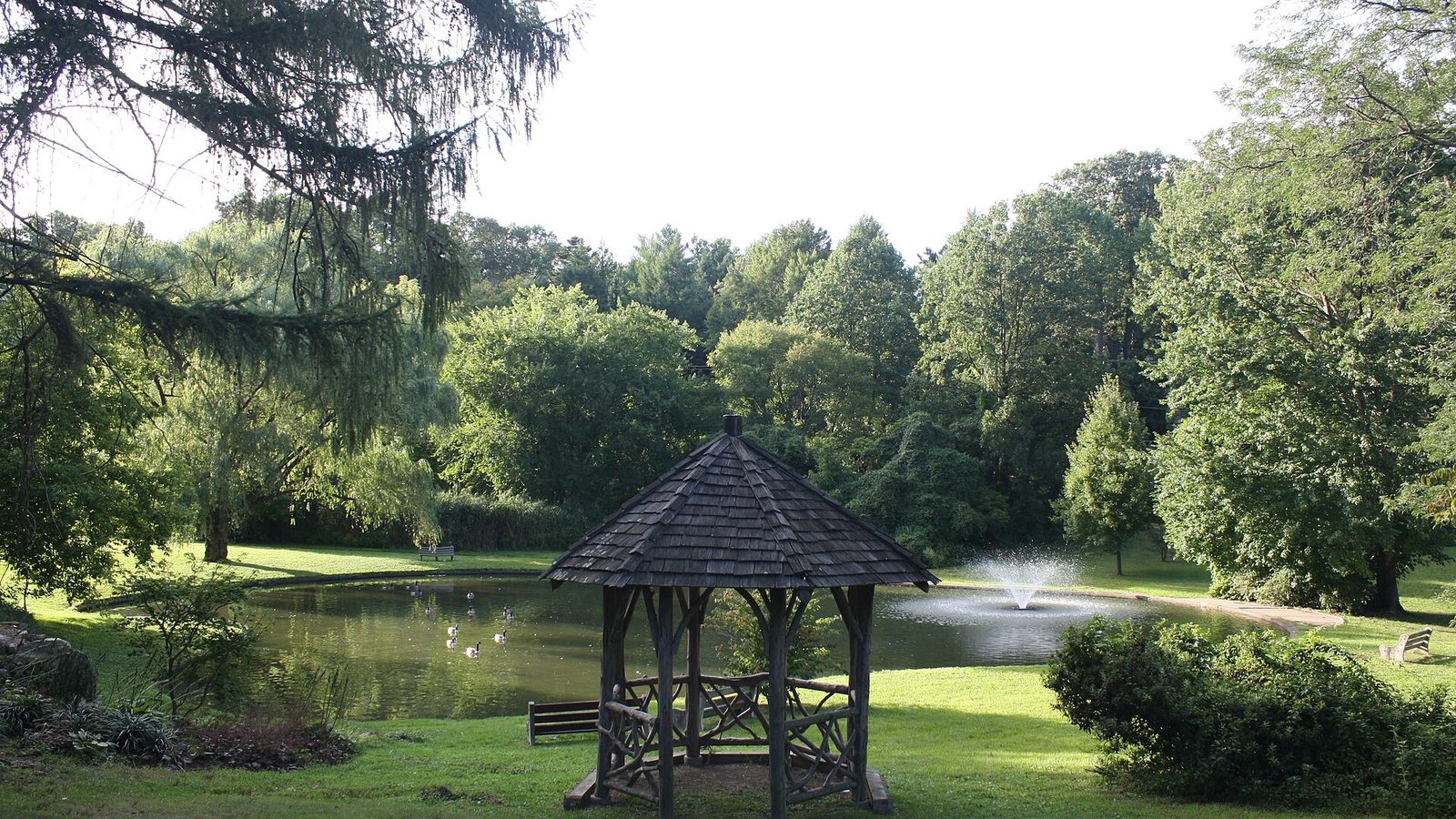 The gazebo beside the pond and fountain at Robinson Park in Wyncote, Pennsylvania